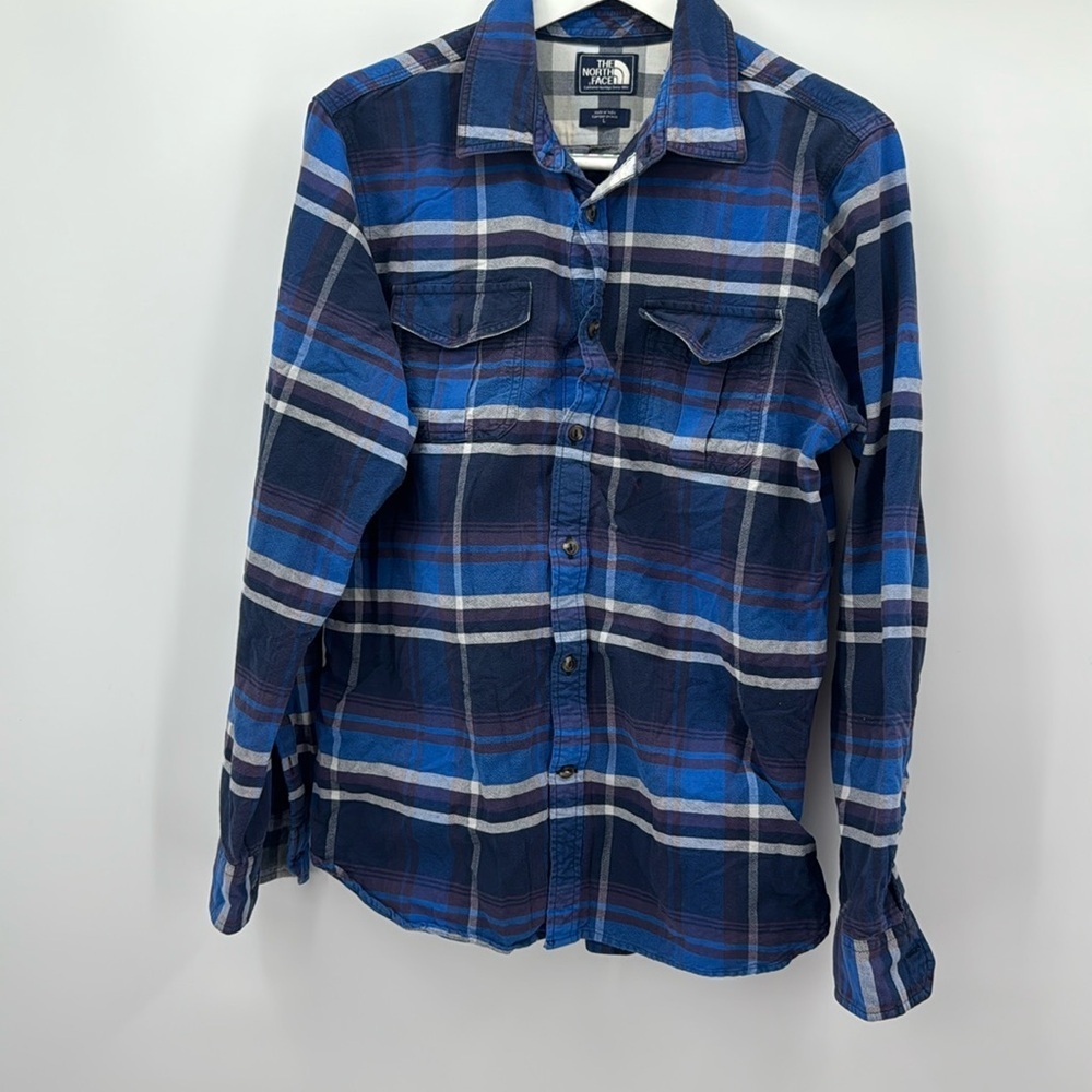 The North Face Plaid Button Up Shirt 100% Cotton Rust Blue Mens L